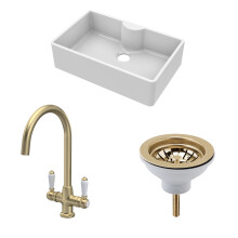Traditional Fireclay Kitchen Bundle: 1 Bowl Butler Sink with Tap Ledge, Waste & Mono Lever Tap, 795mm - Brushed Brass