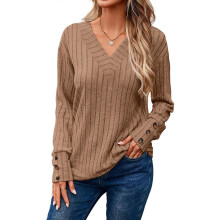 Sweter Damski Dzianinowy V-Neck Długi Rękaw Casual Miękki Beżowy L