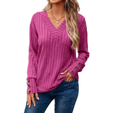Damski Sweter Dzianinowy V-Neck Długi Rękaw Casual Miękki Różowy L