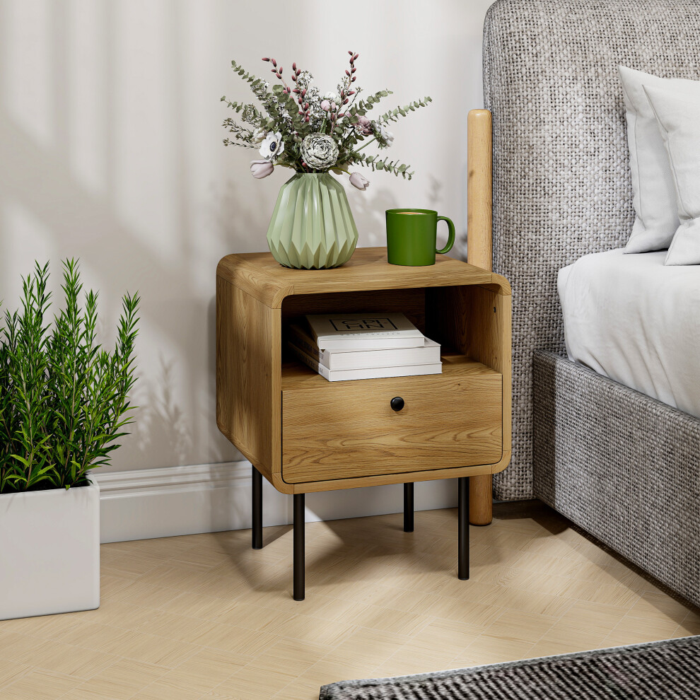Homcom Bedside Table With Drawer And Shelf, Modern Bedside Cabinet, Oak