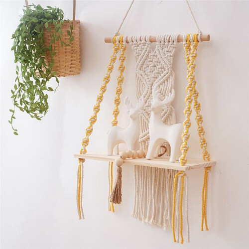 Macrame Wall Hanging Shelf Boho for Bedroom - Woven Rope Macrame Wall Art As Boho Bathroom Shelf Decor