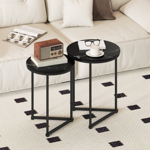 Homcom HOMCOM Nesting Coffee Table Set of 2 with Metal Frame, Black Marble Effect