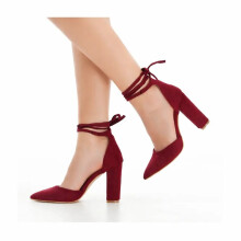 (41, Burgundy) Ankle Strap Block Heel Sandals Size 34-43