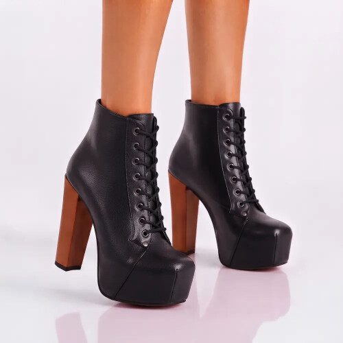 (39, Black) Platform Lace Up Ankle Boots
