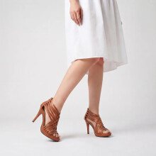 (39, Brown) Strappy Sandals Heels Mid Heel