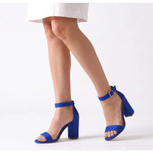 (42, Sax Blue) Block Heel Ankle Strap Sandals Size 33-43