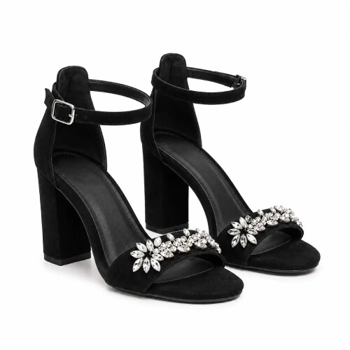 (36, Black Suede) Rhinestone Ankle Strap Sandals Size 33-43 1