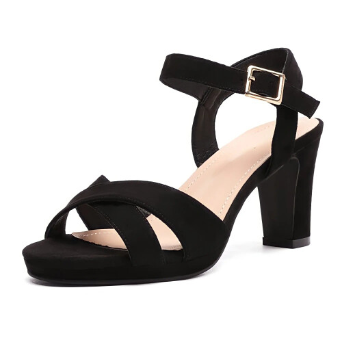 (42, Black Suede) Ankle Strap Chunky Heel Platform Ssndals Size 33-43 1