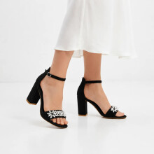 (42, Black Suede) Rhinestone Ankle Strap Sandals Size 33-43