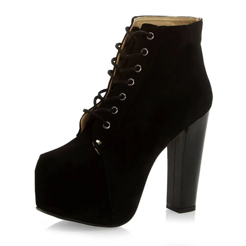 (37, Black) Suede Platform Lace Up Ankle Boots 2