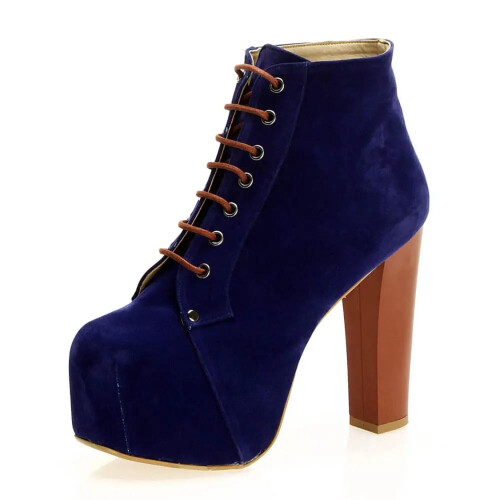 (39, Blue) Suede Platform Lace Up Ankle Boots 1