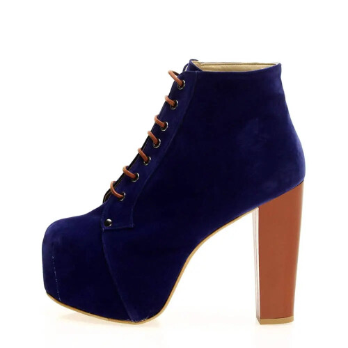 (39, Blue) Suede Platform Lace Up Ankle Boots 2