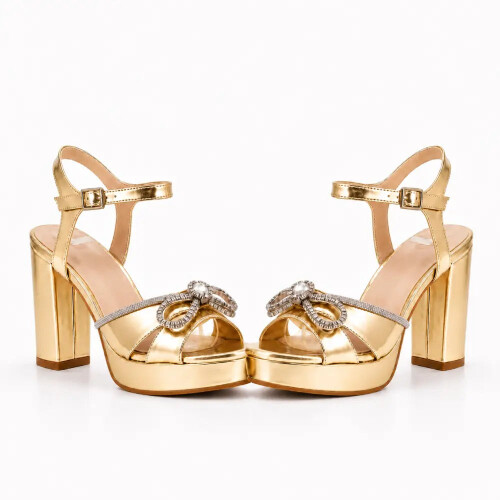 (39, Gold) Block Heel Platform Sandals with Bow Size 33-43 2
