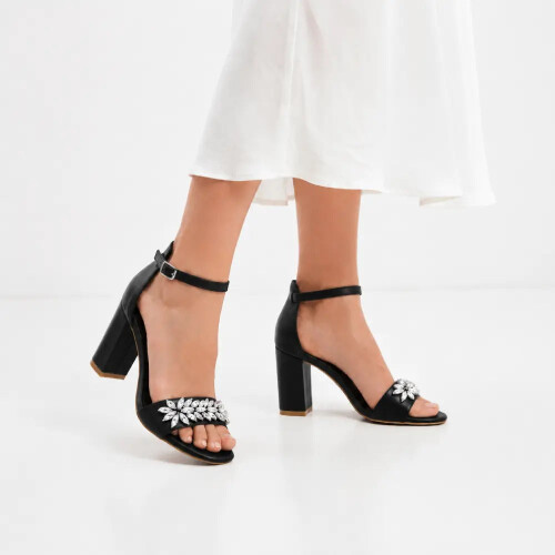 (40, Black) Rhinestone Ankle Strap Sandals Size 33-43