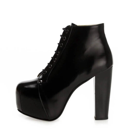 (40, Black) Shiny Platform Lace Up Ankle Boots 2