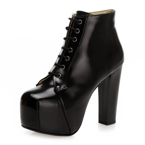 (36, Black) Shiny Platform Lace Up Ankle Boots 1