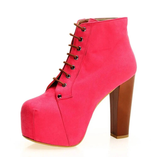 (36, Pink) Suede Platform Lace Up Ankle Boots 2