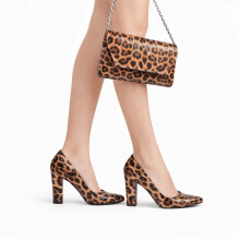 (34, Leopard) Snake Print Block Heel Shoes and Bag Set Size 33-45