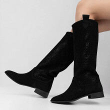 (41, Black) Low Heel Cowboy Knee High Boots Size 35-44