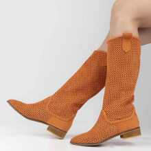 (38, Orange) Low Heel Cowboy Knee High Boots Size 35-44