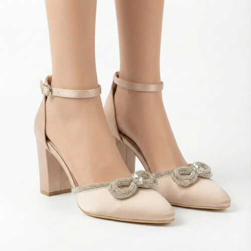 (33, Beige) Ankle Strap Heel and Bag Set Size 33-43 1
