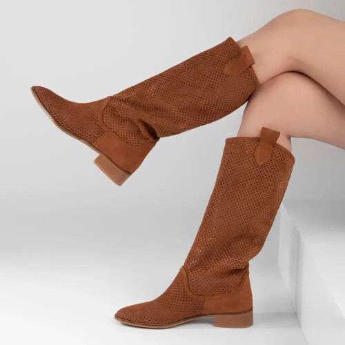 (43, Brown) Low Heel Cowboy Knee High Boots Size 35-44