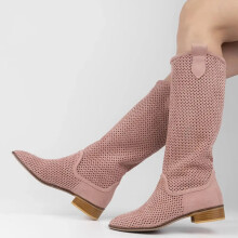 (43, Pink) Low Heel Cowboy Knee High Boots Size 35-44