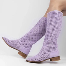 (40, Lilac) Low Heel Cowboy Knee High Boots Size 35-44