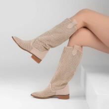 (40, Beige) Low Heel Cowboy Knee High Boots Size 35-44