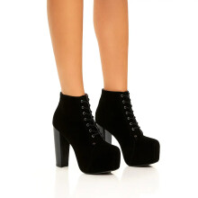(36, Black) Suede Platform Lace Up Ankle Boots