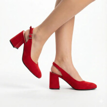 (35, Red) Suede Ankle Strap Block Heel Sandals Size 34-42