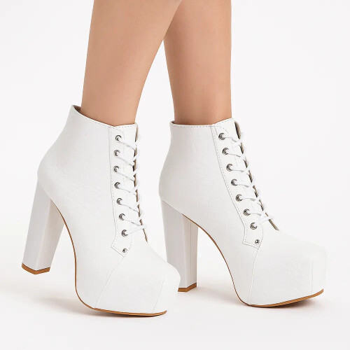 (38, White) Crocodile Platform Lace Up Ankle Boots