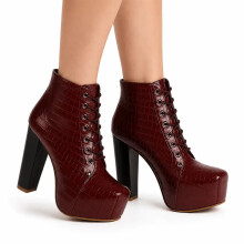 (37, Burgundy) Crocodile Platform Lace Up Ankle Boots