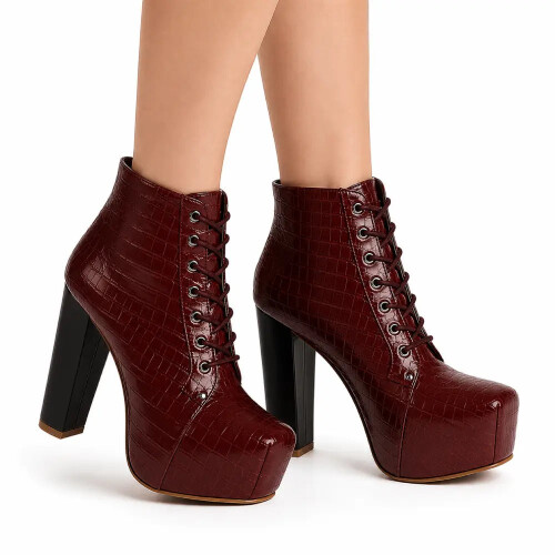(37, Burgundy) Crocodile Platform Lace Up Ankle Boots