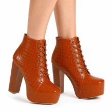 (39, Brown) Crocodile Platform Lace Up Ankle Boots