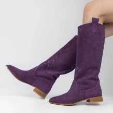 (37, Purple) Low Heel Cowboy Knee High Boots Size 35-44