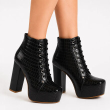 (40, Black) Crocodile Platform Lace Up Ankle Boots