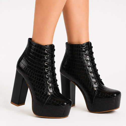 (40, Black) Crocodile Platform Lace Up Ankle Boots