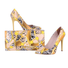 (42, Yellow) Snake Print Stiletto Heel Shoes and Bag Set Size 33-45