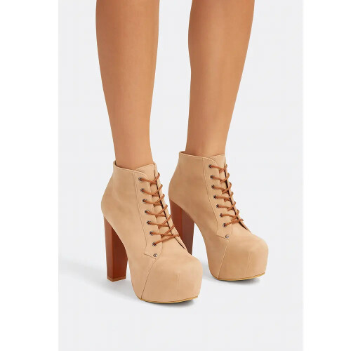 (39, Beige) Suede Platform Lace Up Ankle Boots