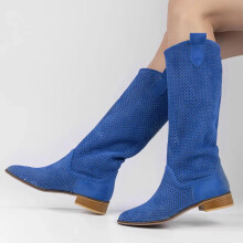 (42, Sax Blue) Low Heel Cowboy Knee High Boots Size 35-44