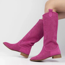 (38, Fuchsia) Low Heel Cowboy Knee High Boots Size 35-44