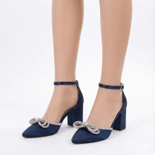 (39, Navy Blue) Ankle Strap Heel and Bag Set Size 33-43