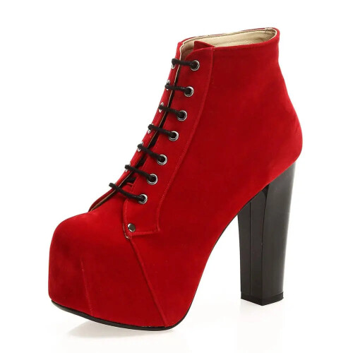 (39, Red) Suede Platform Lace Up Ankle Boots 2