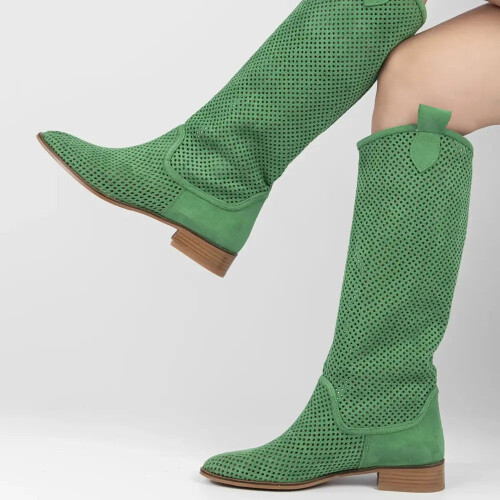 (38, Green) Low Heel Cowboy Knee High Boots Size 35-44 1