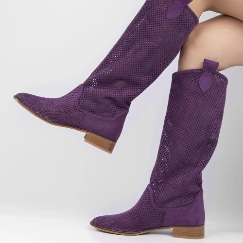 (43, Purple) Low Heel Cowboy Knee High Boots Size 35-44 1