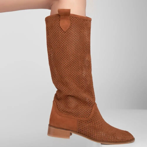 (37, Brown) Low Heel Cowboy Knee High Boots Size 35-44 2