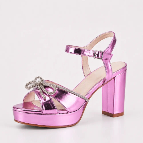 (34, Purple) Block Heel Platform Sandals with Bow Size 33-43