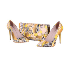 (37, Yellow) Snake Print Stiletto Heel Shoes and Bag Set Size 33-45