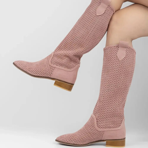 (43, Pink) Low Heel Cowboy Knee High Boots Size 35-44 1